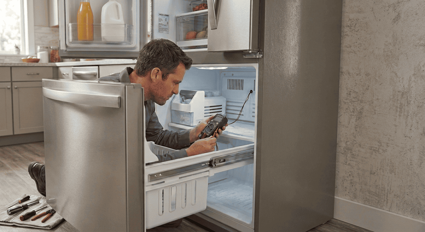 Appliance Repair Master technician inspecting Whirlpool freezer temperature sensor 