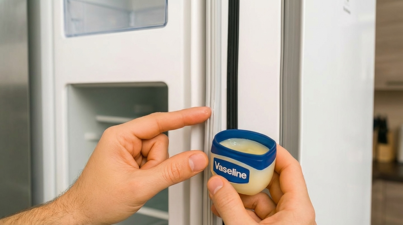 Applying a thin layer of petroleum jelly to a freezer door gasket to help the seal seat smoothly and restore a tight vacuum seal