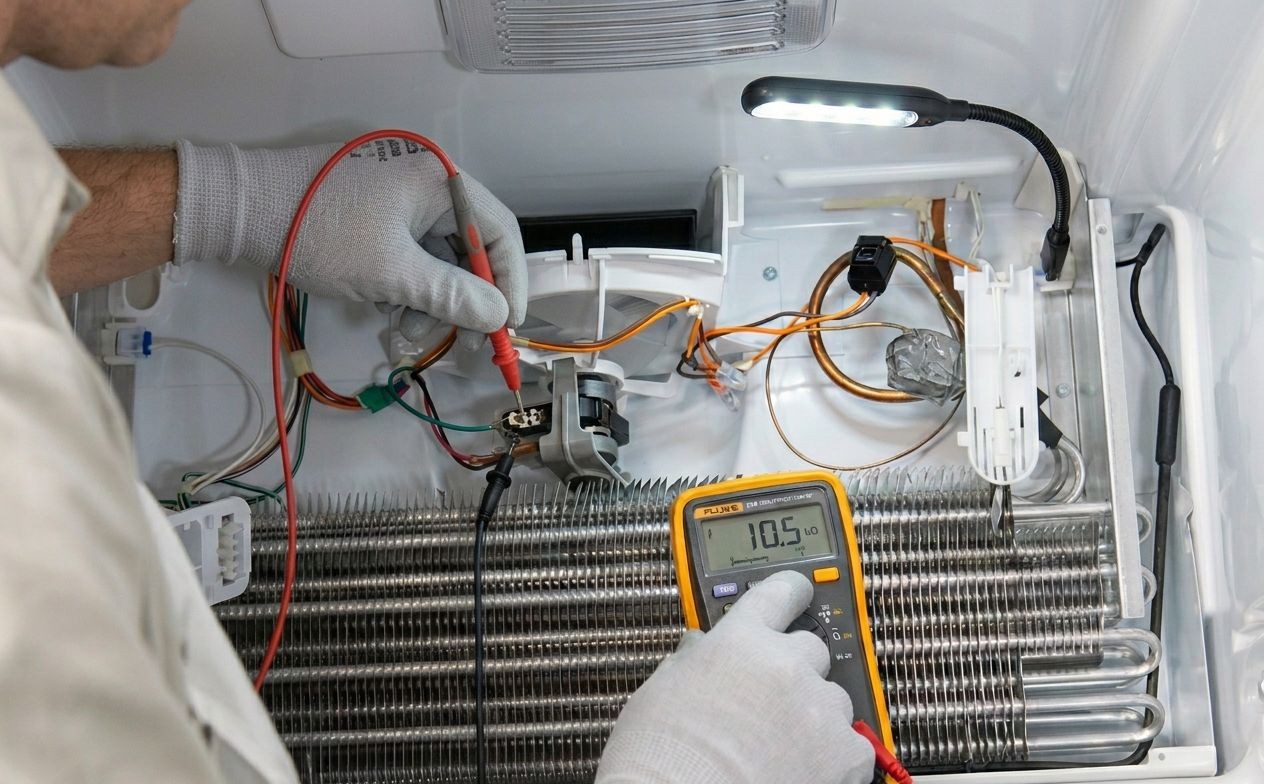 Close-up of a technician testing a Whirlpool freezer temperature sensor and wiring during a professional diagnostic service