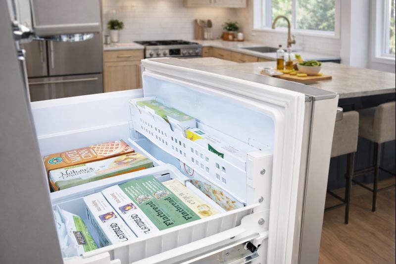Open Electrolux EI28BS80KS freezer showing stocked shelves with frozen meals and packages