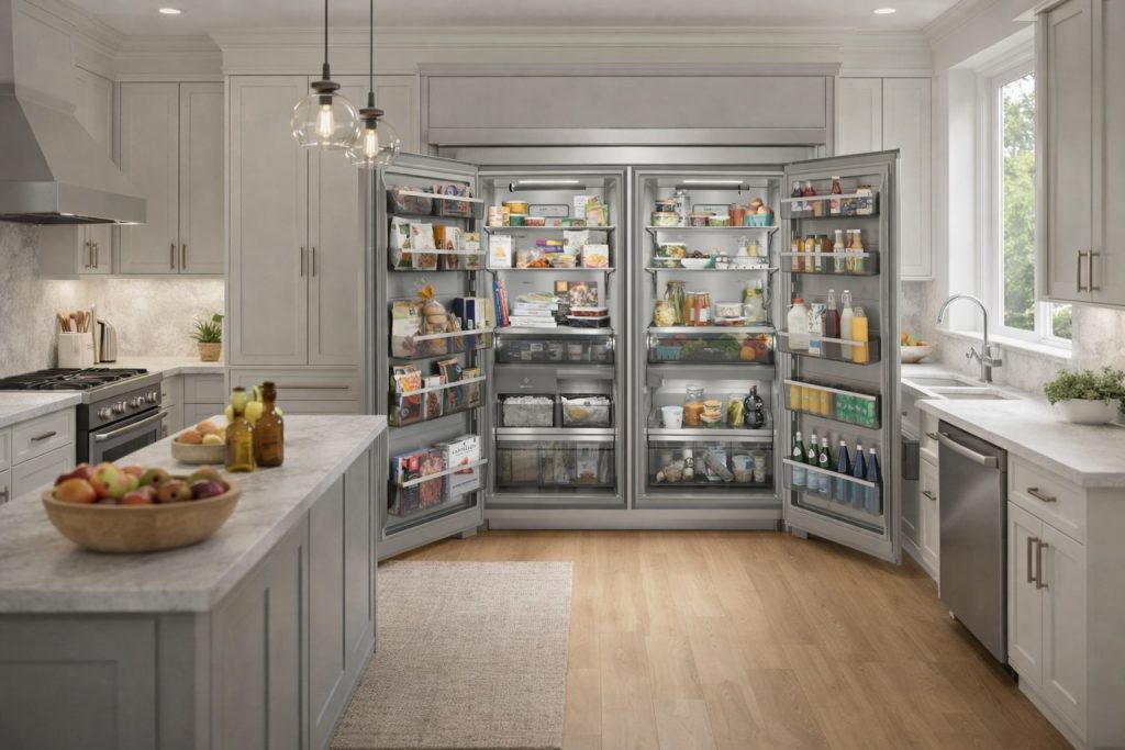 Open Electrolux EI33AF80WS upright freezer stocked with organized frozen foods and clear bins