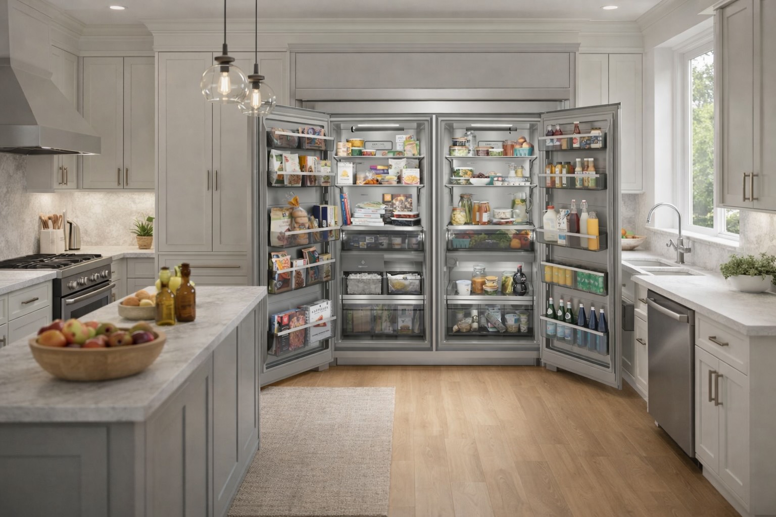 Open Electrolux EI33AF80WS upright freezer stocked with organized frozen foods and clear bins