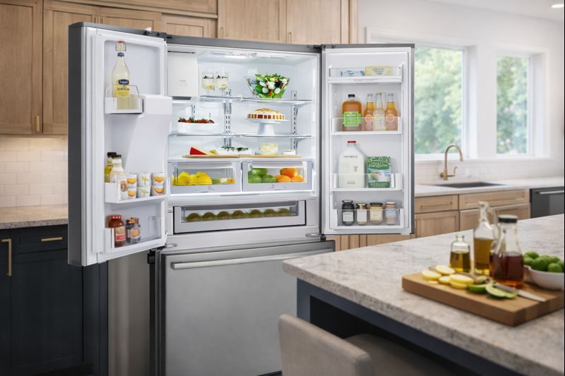 Open Electrolux EW28BS85KS French door refrigerator with organized fresh food and bottom freezer