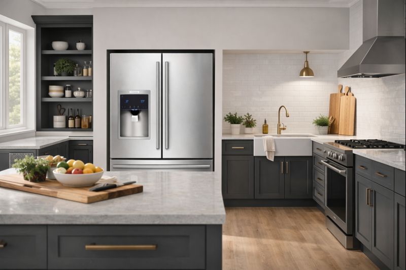 Stainless steel Electrolux EW28BS85KS French door refrigerator with water dispenser display