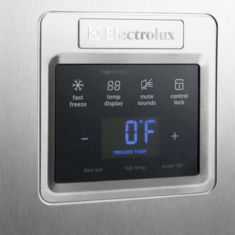 Electrolux freezer digital control panel showing 0°F freezer temperature and feature icons