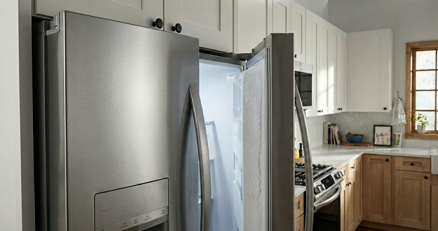 Frigidaire-style freezer door slightly open with visible frost along the gasket edge, showing a door not sealing properly in a modern Atlanta kitchen