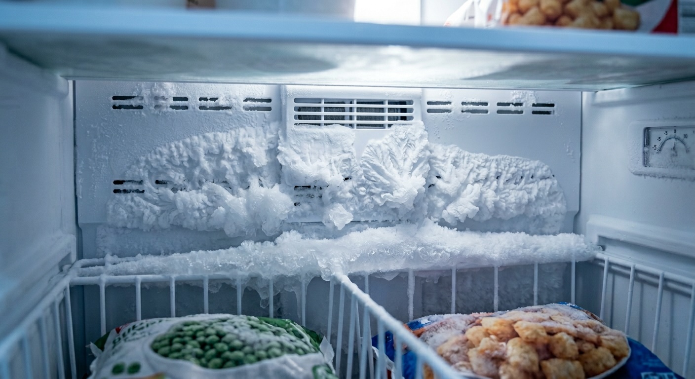 Frost buildup blocking freezer vents inside a Frigidaire unit