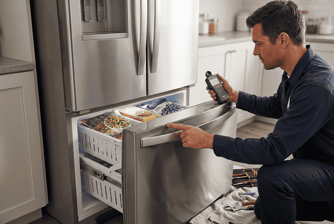 Modern Whirlpool French door refrigerator with bottom-freezer drawer slightly open, highlighting seal and airflow checks