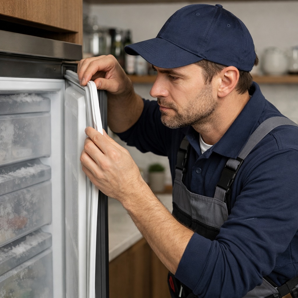Professional appliance repair technician inspecting a freezer door gasket 