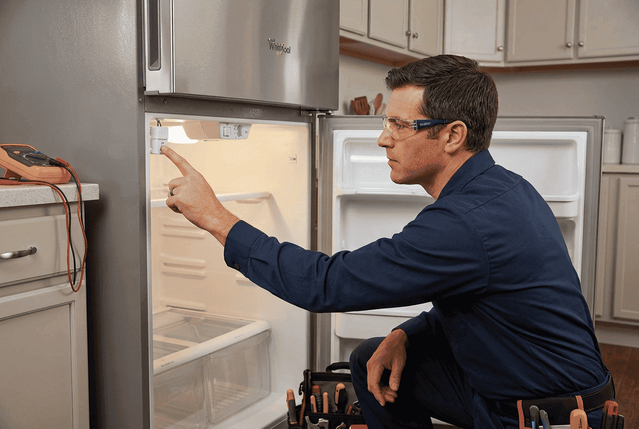 Professional appliance repair technician inspection door switch on whirlpool refrigerator