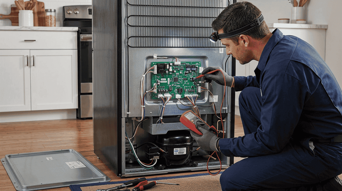 Professional technician inspecting control board on whirlpool freezer