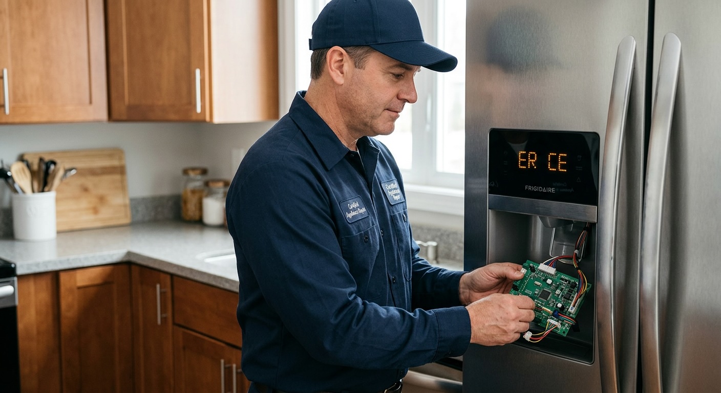 Technician diagnosing Frigidaire ER communication error by inspecting control board and wiring harness