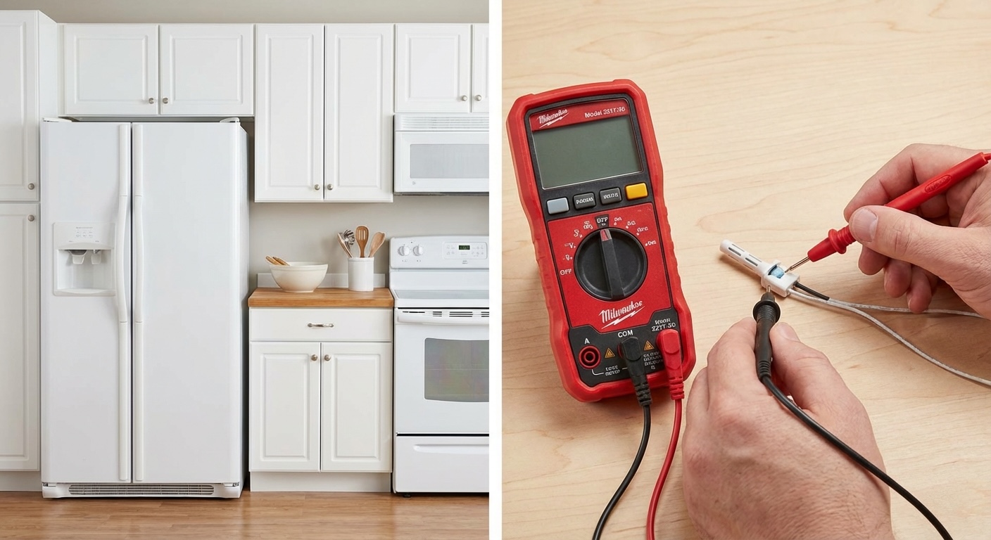 Technician performing a multimeter test on refrigerator sensor wiring