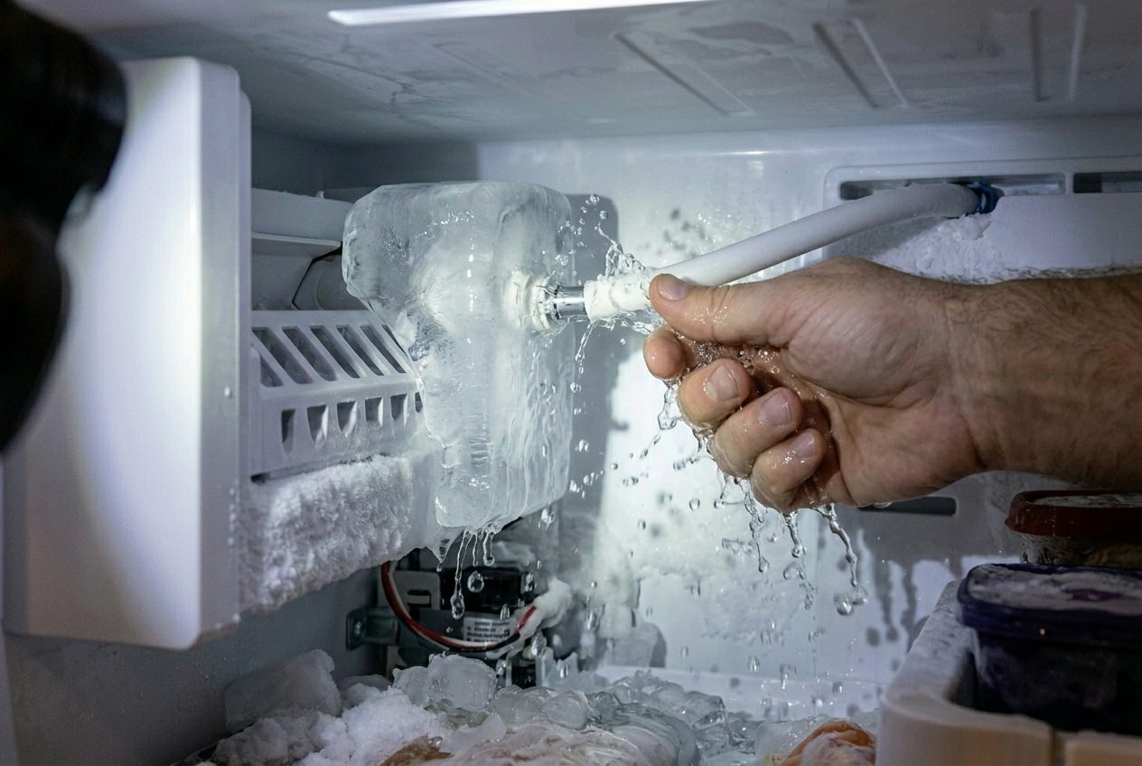 An internal view of a frozen fill tube inside an LG LFXS Series ice room, showing how an ice dam creates a high-pressure water leak inside the freezer cabinet.