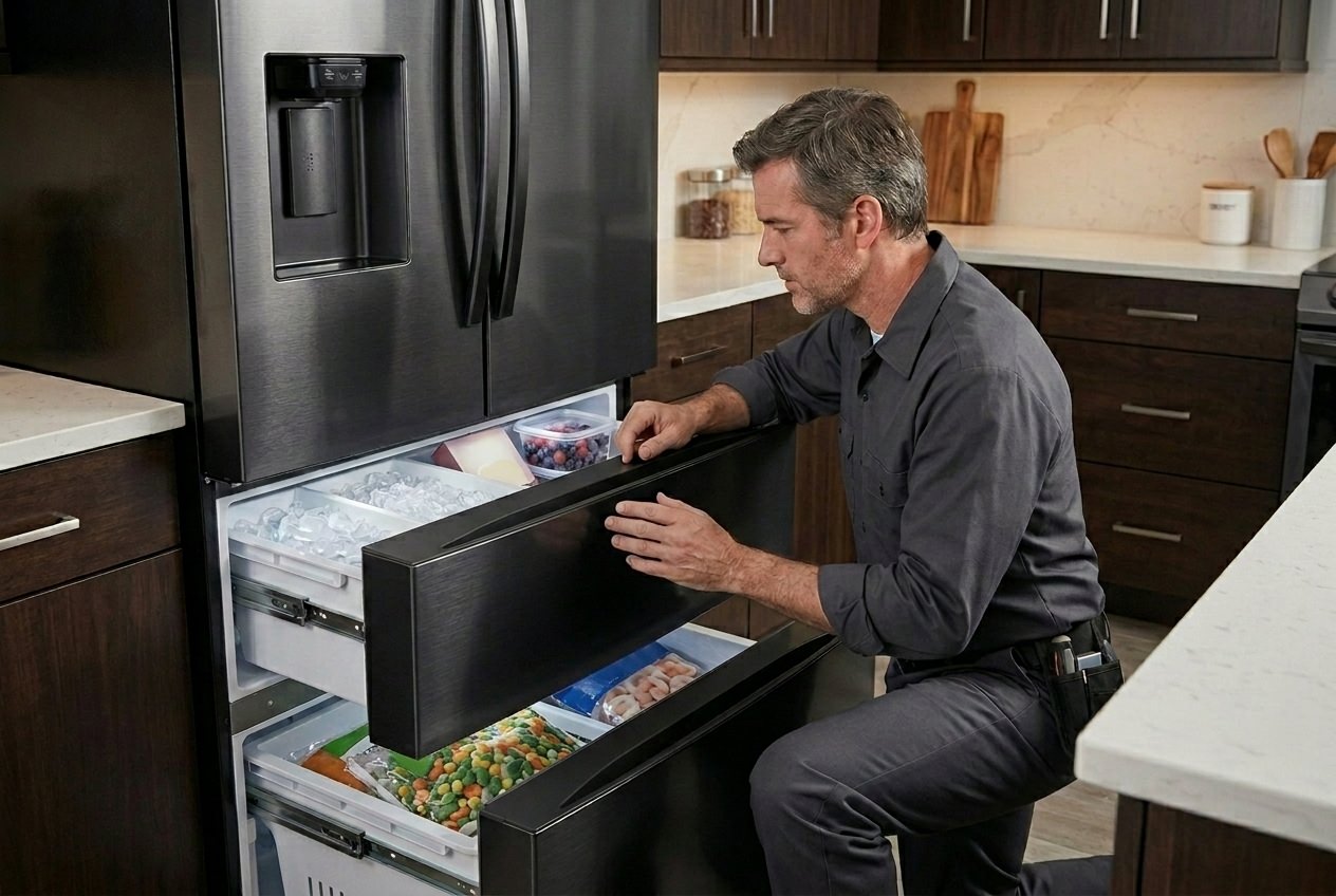 Appliance Repair Master technician inspecting a Samsung freezer with temperature loss 