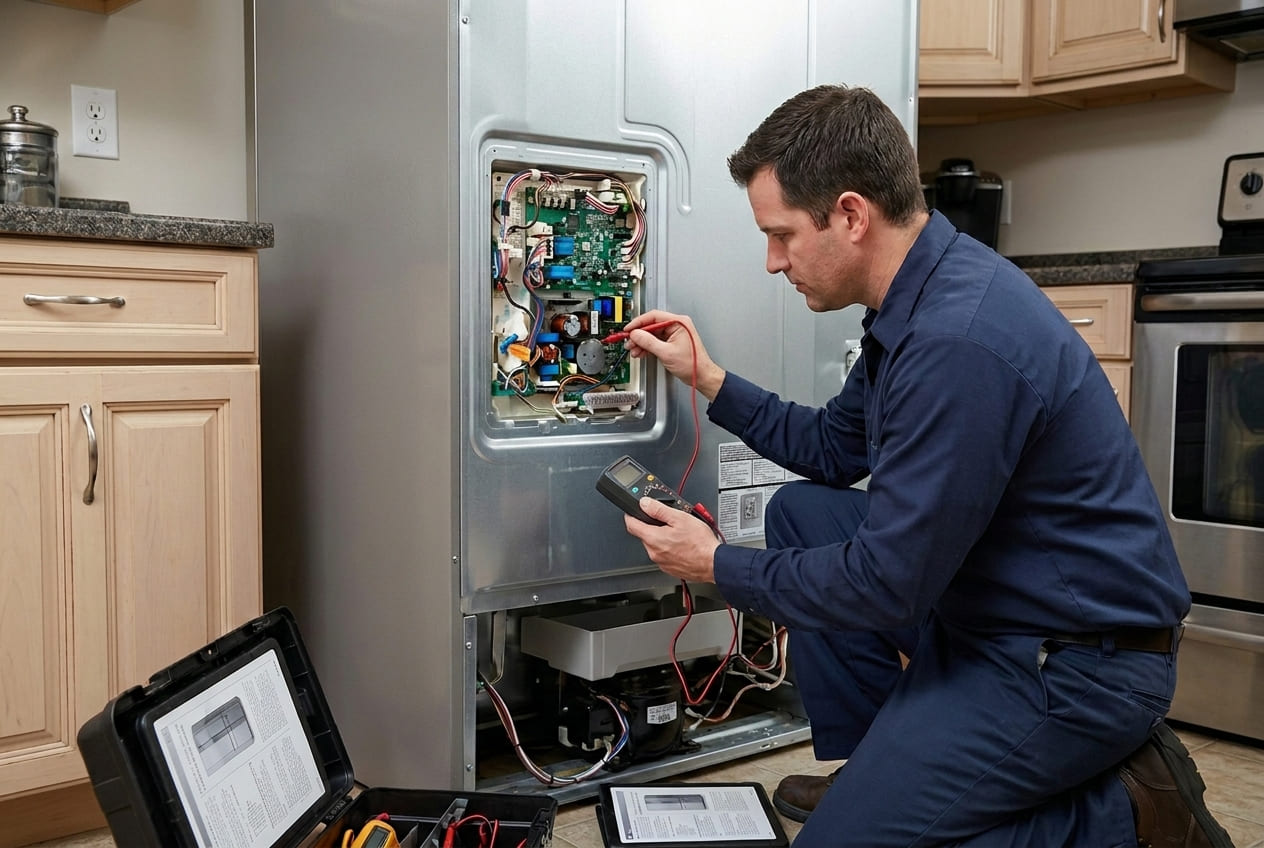 Appliance repair specialist inspecting LG LMXS refrigerator control board during diagnostic visit