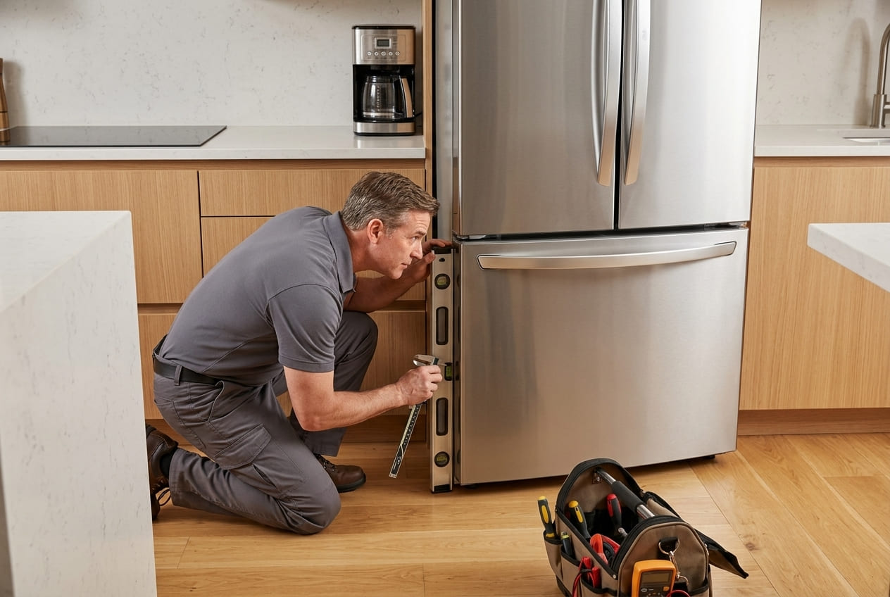 Appliance specialist adjusting door hinges on LG LFXS refrigerator for proper alignment
