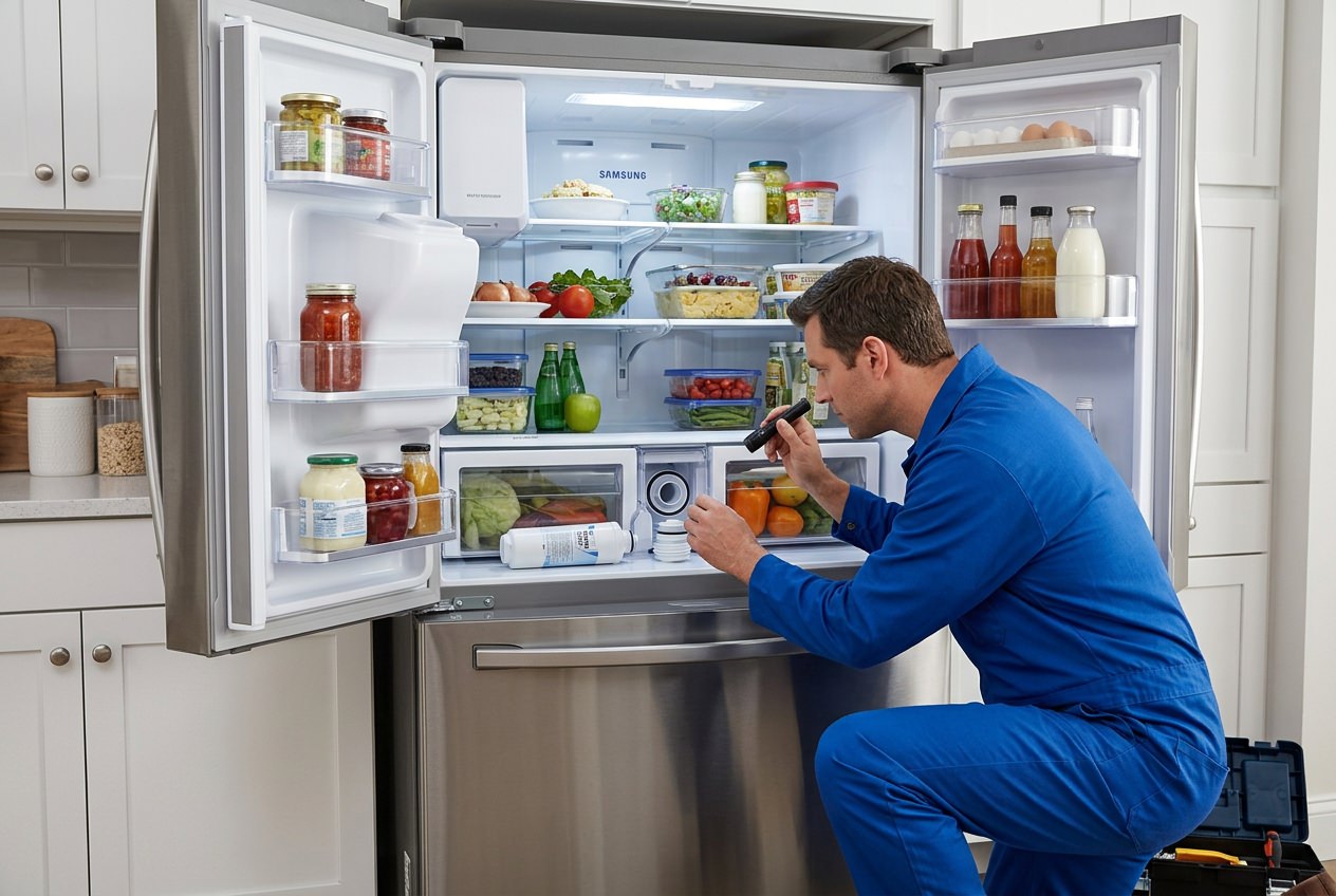 Appliance technician checking Samsung refrigerator filter housing and water line for leak source
