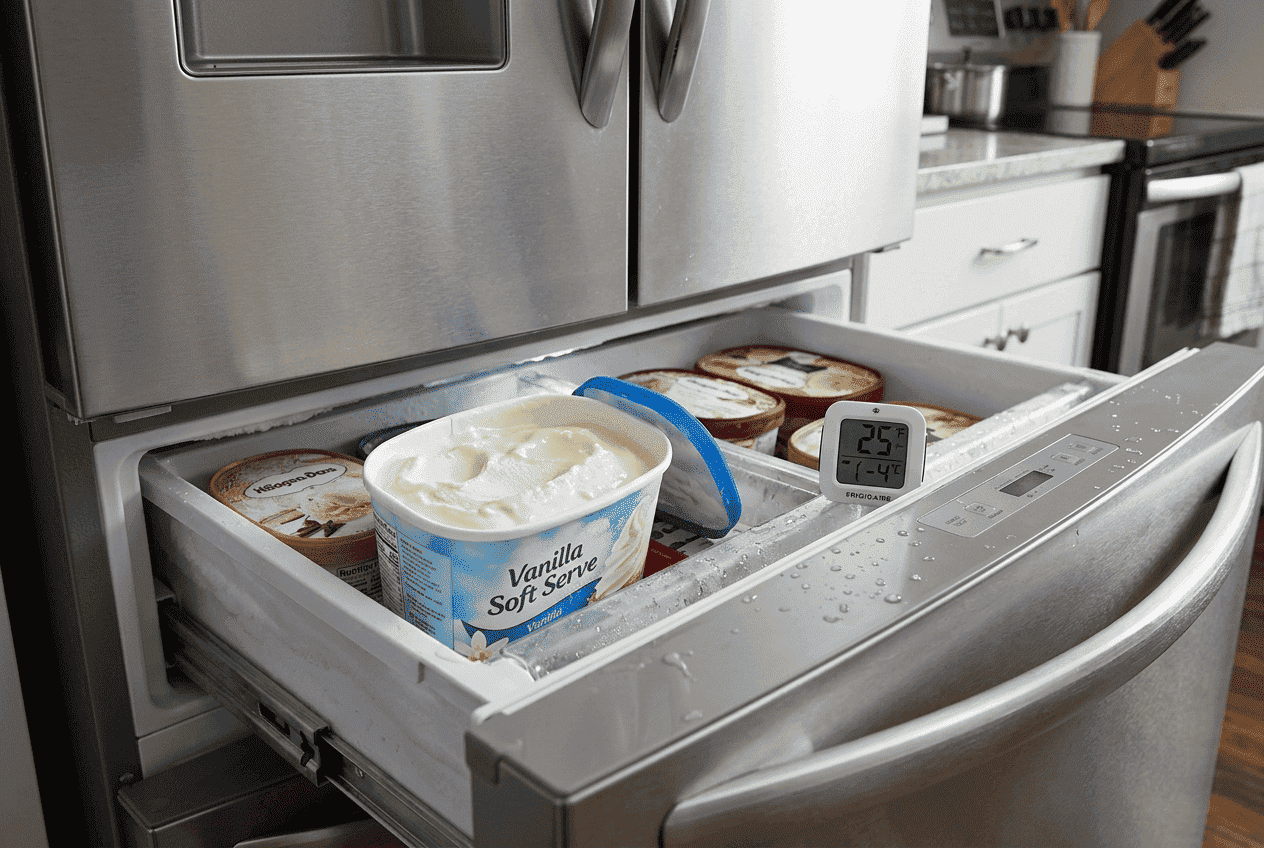Frigidaire bottom freezer drawer partially thawed with soft ice cream inside