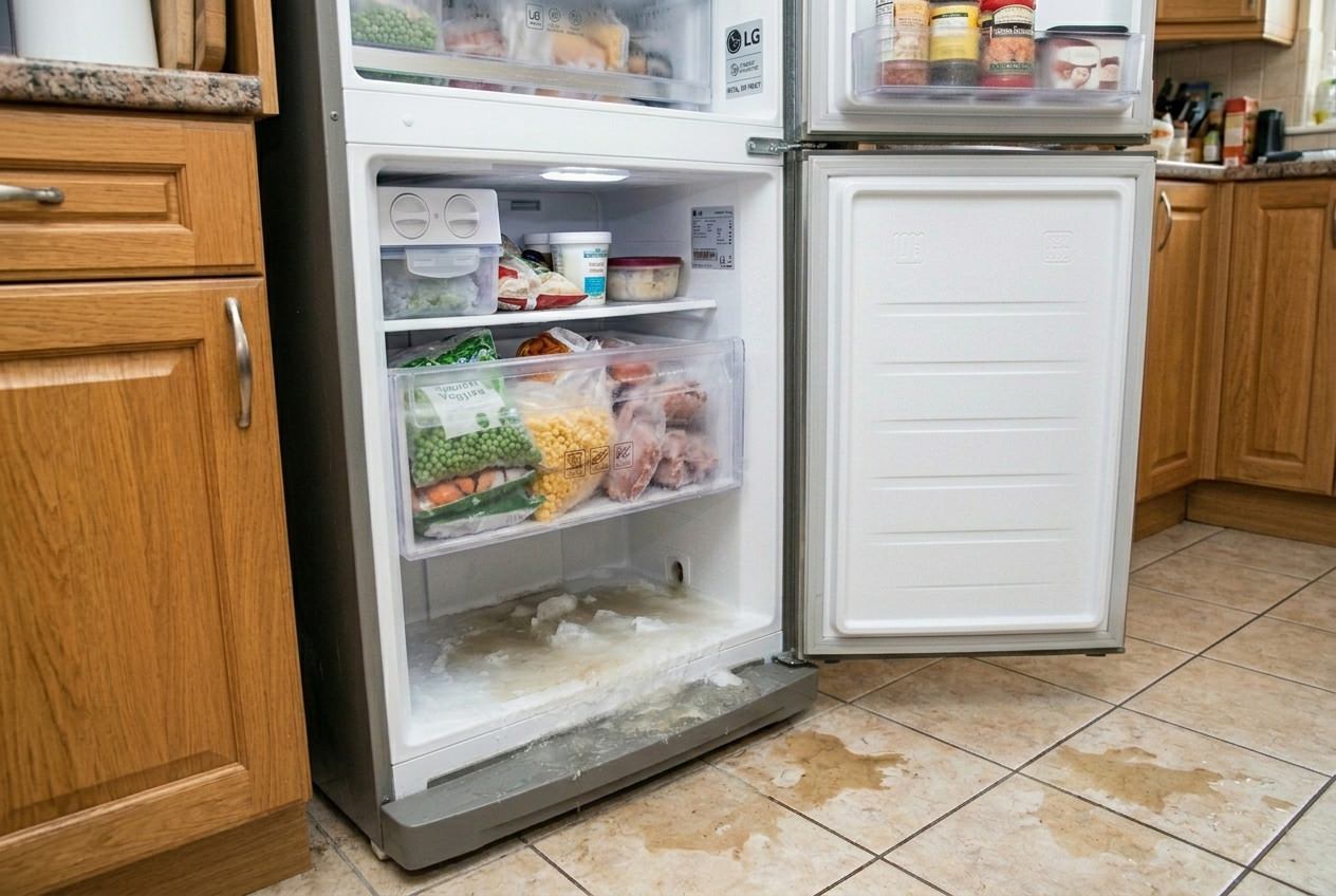 Frozen defrost water pooling beneath the bottom drawers of an LG freezer, indicating a structural failure in the clogged defrost drain.