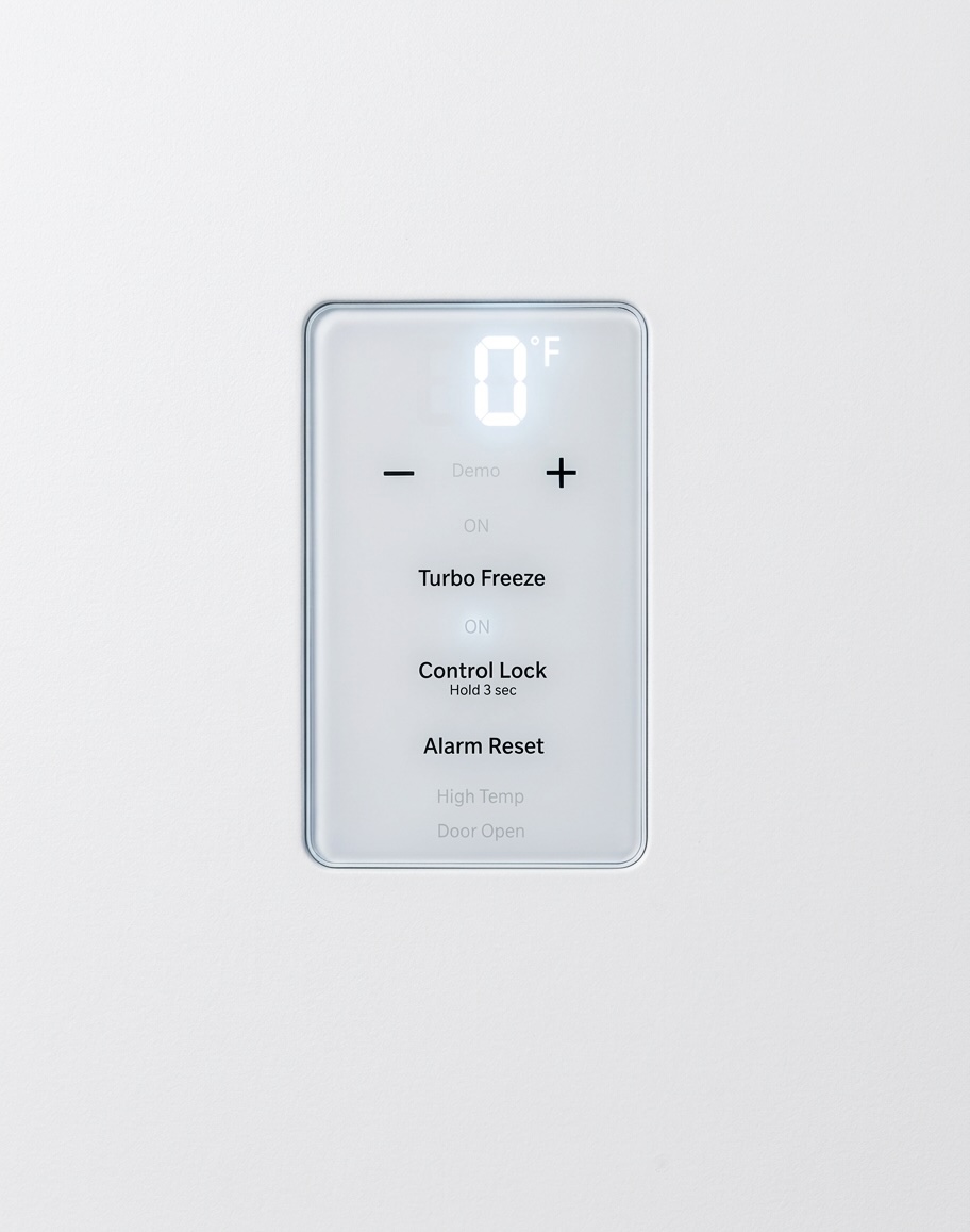 GE freezer control panel displaying 0°F, Turbo Freeze, Control Lock, and Alarm Reset buttons
