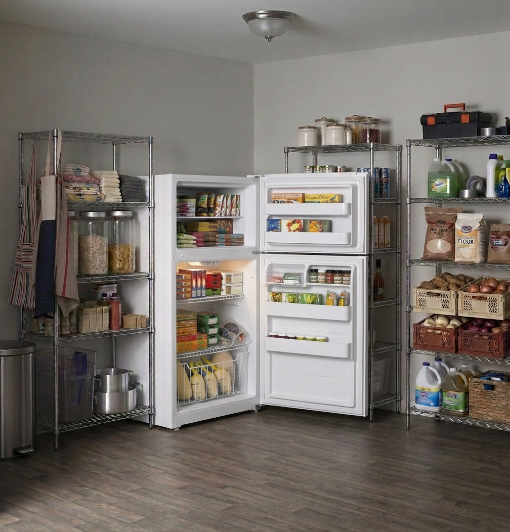 Open GE freezer FUF17SMRWW interior fully stocked with frozen meals, packages, and baskets, potential error code E2
