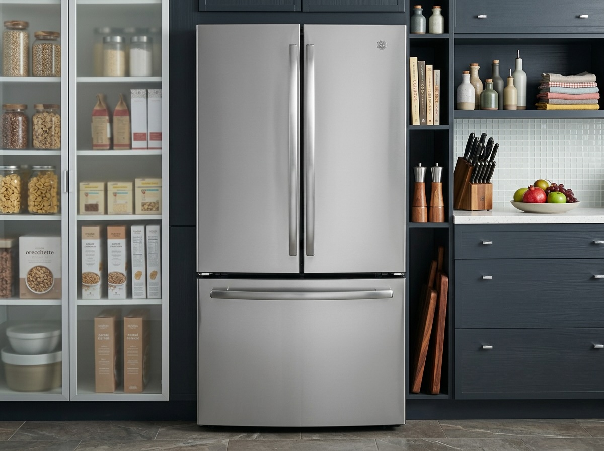 GE GNE27JYMFS refrigerator in modern kitchen, stainless steel finish with dispenser, possible leaking water problem visible