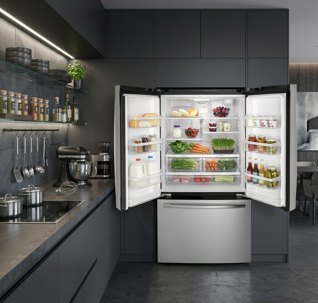 Open GE GNE27JYMFS refrigerator showing Empty shelves during cleaning and defrost cycle