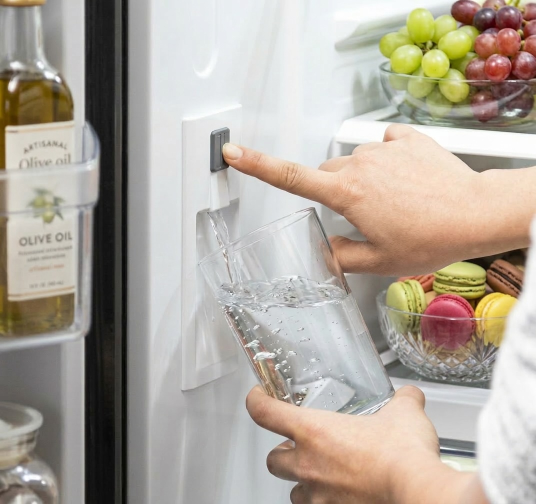 Hand pressing GE GNE27JYMFS refrigerator dispenser button to pour water into glass, potential leaking issue visible