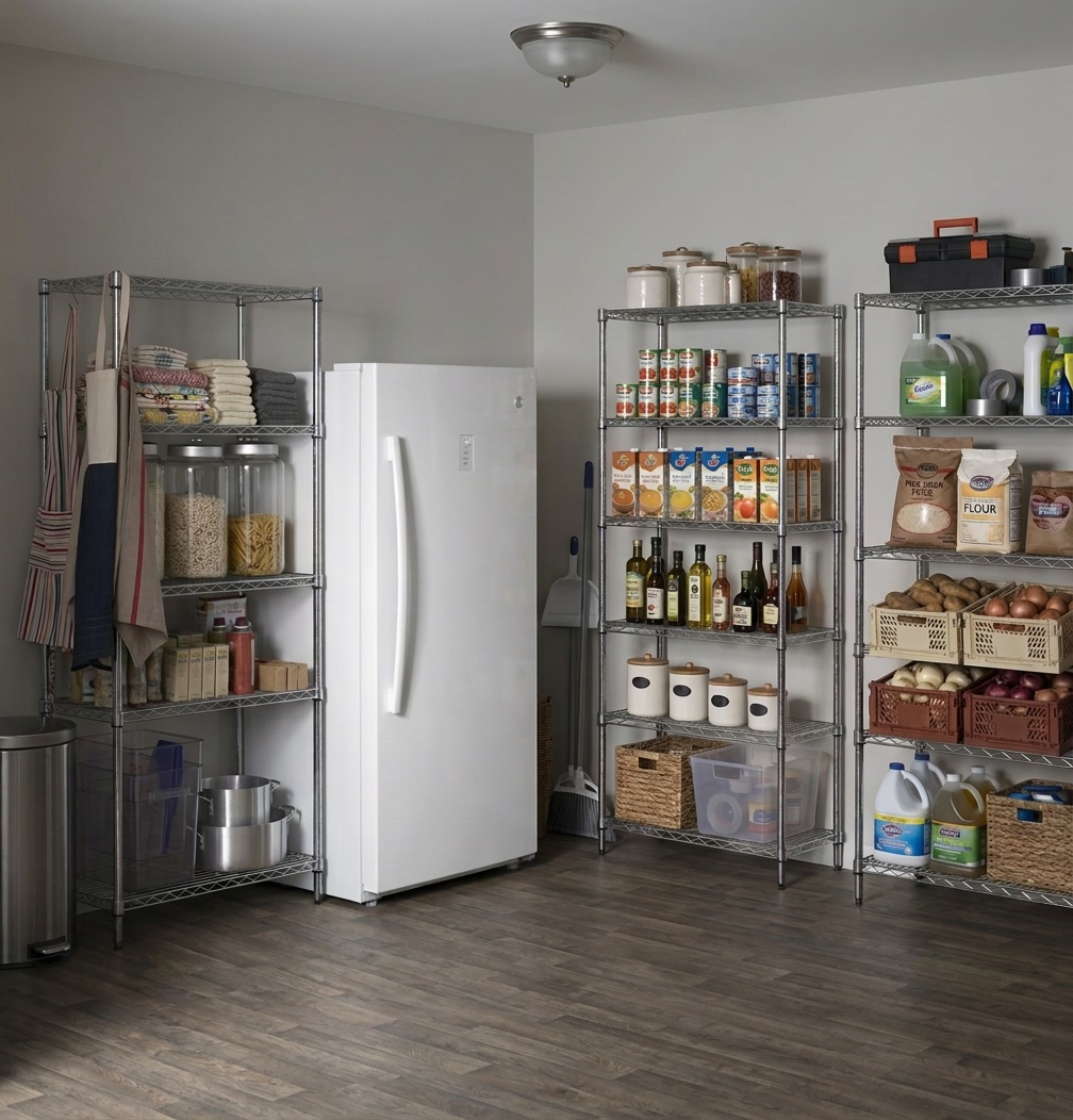 GE upright freezer with closed door in home storage area next to wire shelving and pantry items, potential error code E2 issue