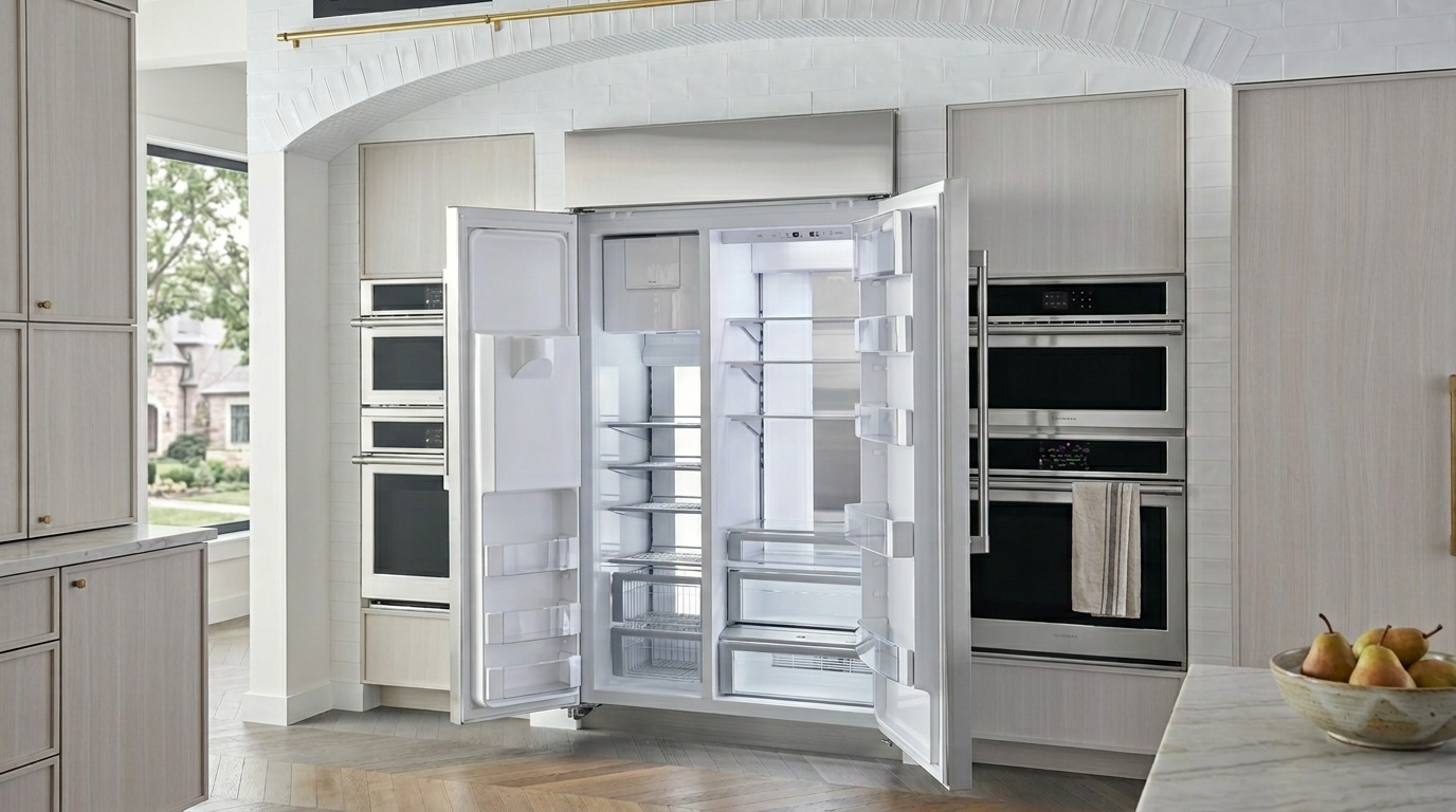 Open GE ZISS480DNSS built-in freezer showing stocked shelves and drawers, possible error code ER issue visible