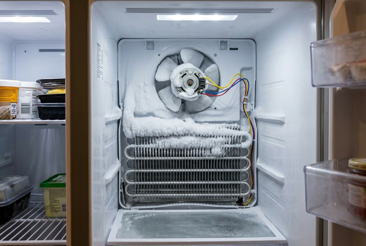 Interior view of LG refrigerator with frost buildup near the evaporator fan motor
