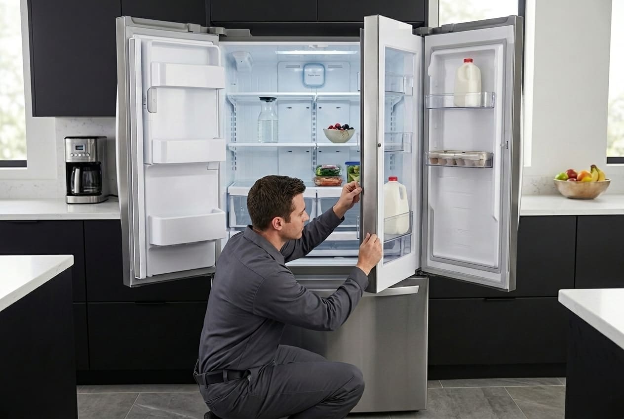 LG Door-in-Door refrigerator mullion bar and door seal inspection during repair service