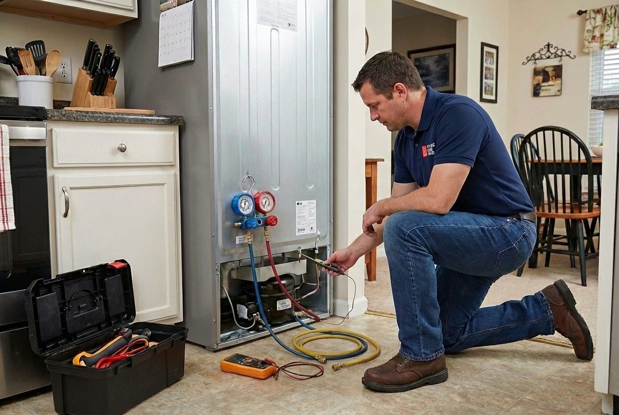 LG LRFV Series refrigerator with the doors closed during a cooling performance check