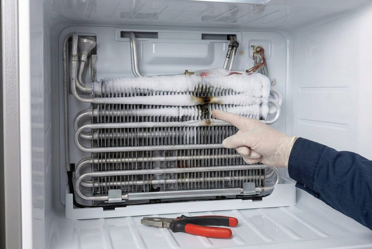 LG refrigerator evaporator coil with frost pattern indicating refrigerant leak