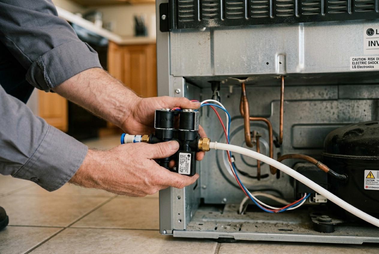 Master technician testing water valve of LG refrigerator 