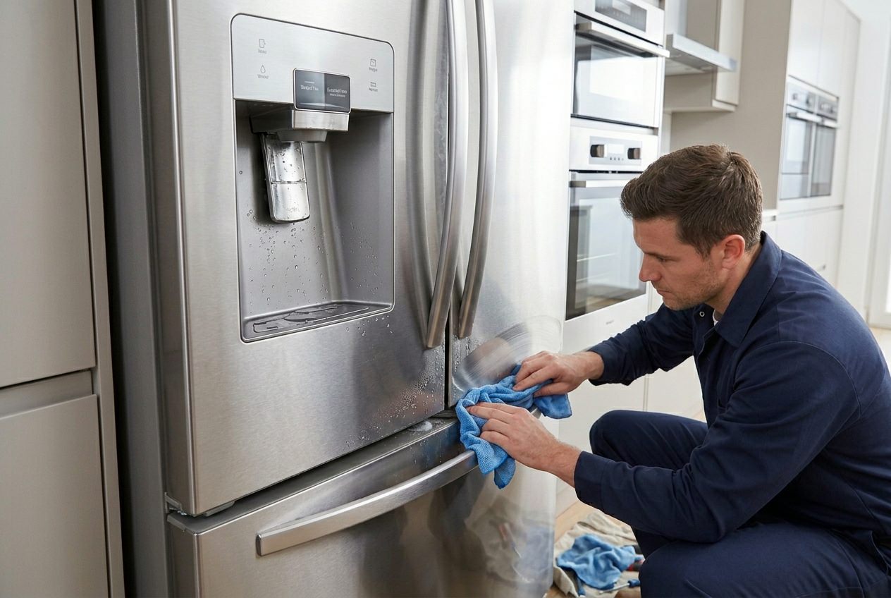 Modern Samsung refrigerator with visible moisture near dispenser area and door gasket in bright kitchen
