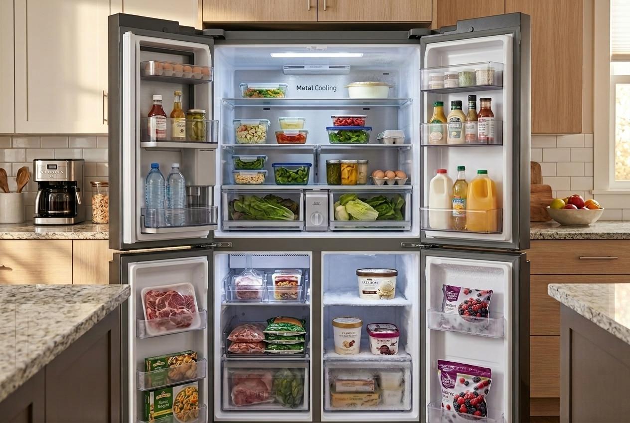 Samsung freezer with soft frozen food and light frost buildup inside the drawer