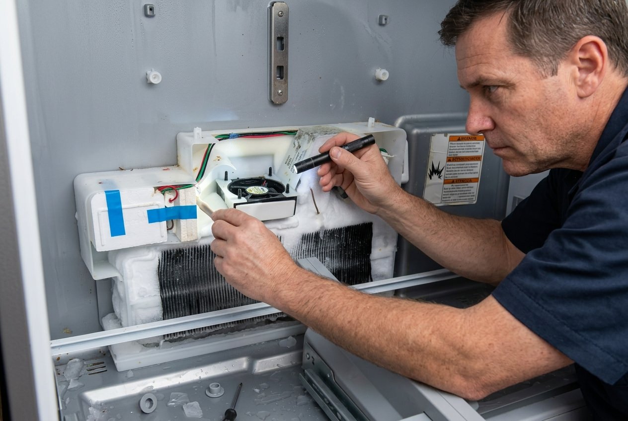 Technician checking a Samsung refrigerator freezer compartment for airflow, frost, and cooling problems