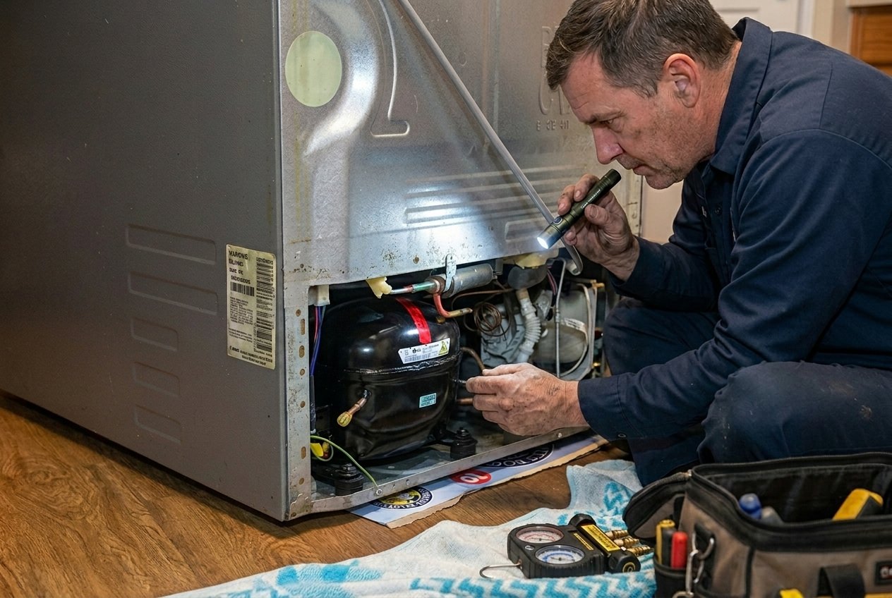 Technician inspecting the compressor area of an LG refrigerator