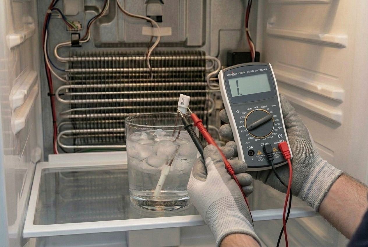 Technician testing LG refrigerator thermistor with a multimeter in ice water