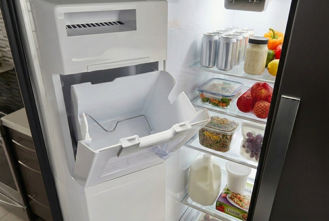 Whirlpool refrigerator with empty ice bin showing ice maker not producing ice
