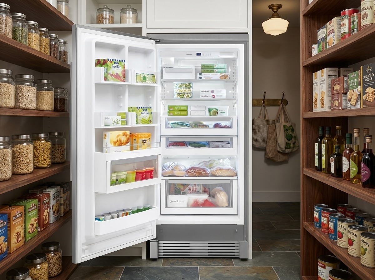 Open Electrolux EI32AF65JS upright freezer interior stocked with organized frozen groceries and packages
