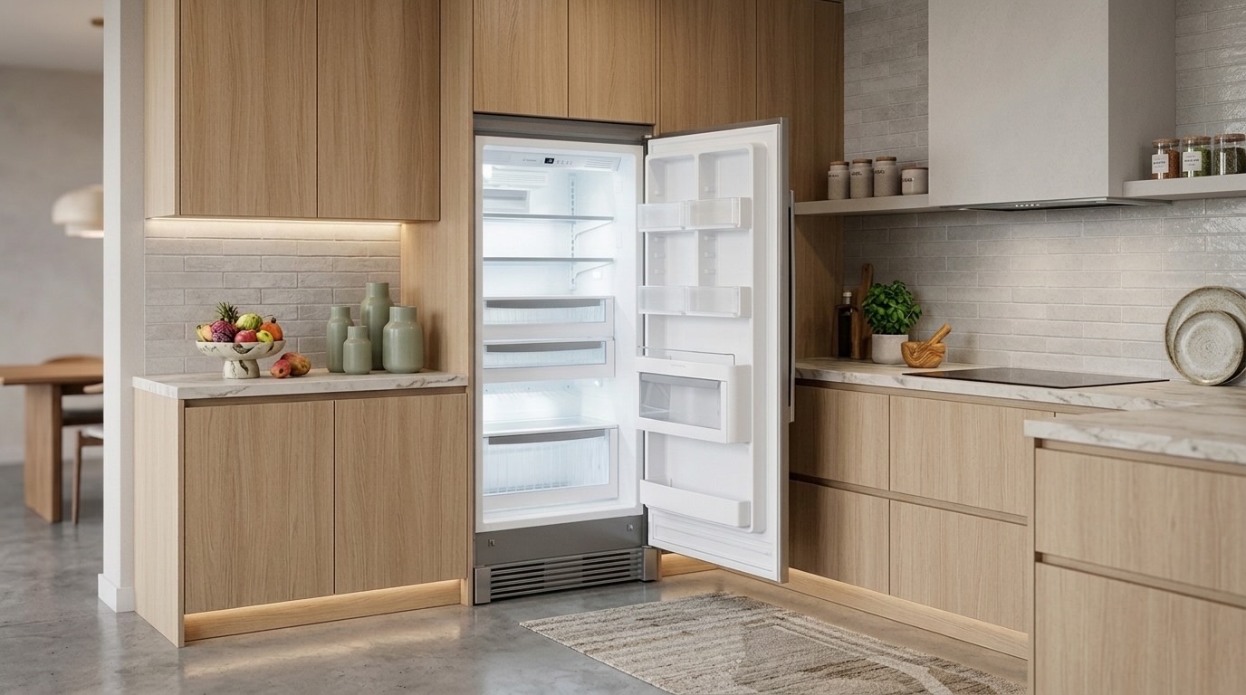Open Electrolux EI32AF80QS upright freezer showing empty shelves, drawers, and bright interior lighting