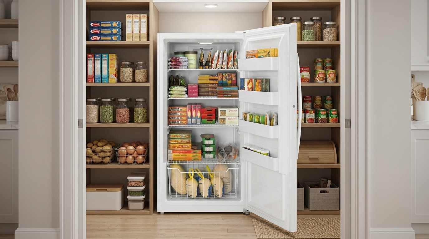 Fully loaded GE upright freezer interior with door bins, wire shelves and organized groceries