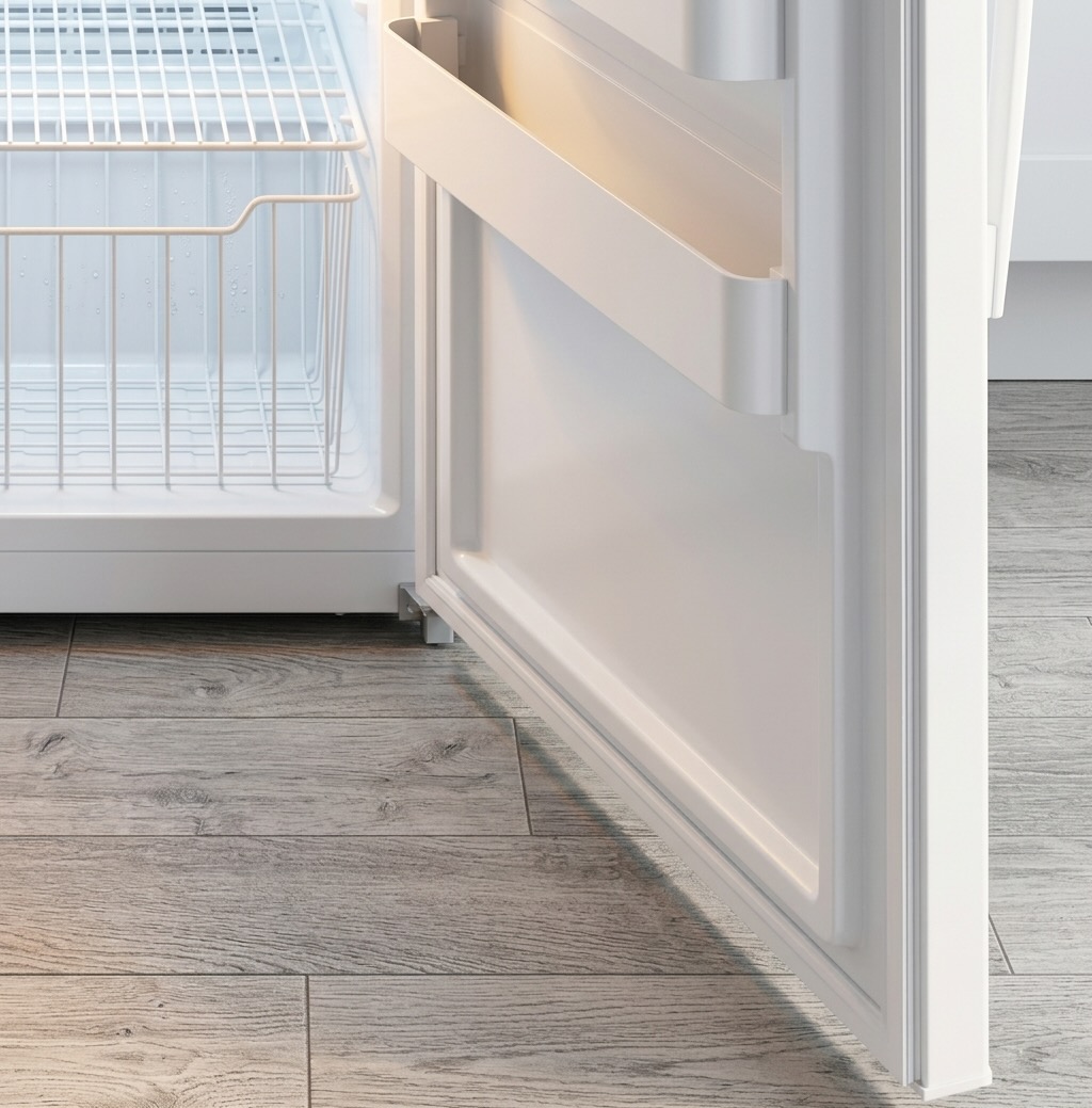 Open white GE upright freezer door with deep door bin and wire shelf visible inside