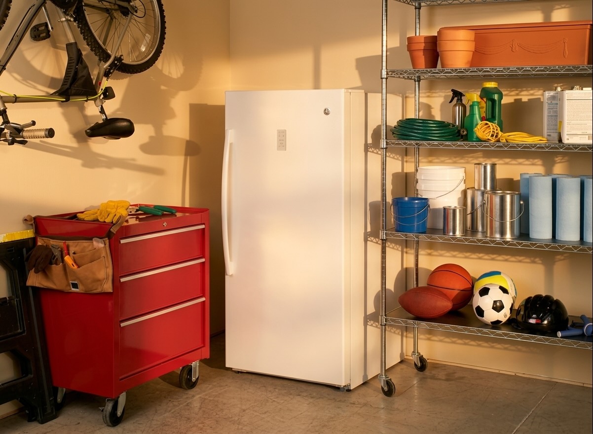  White GE upright freezer in garage beside red tool cart, hanging bike, and shelving with sports equipment