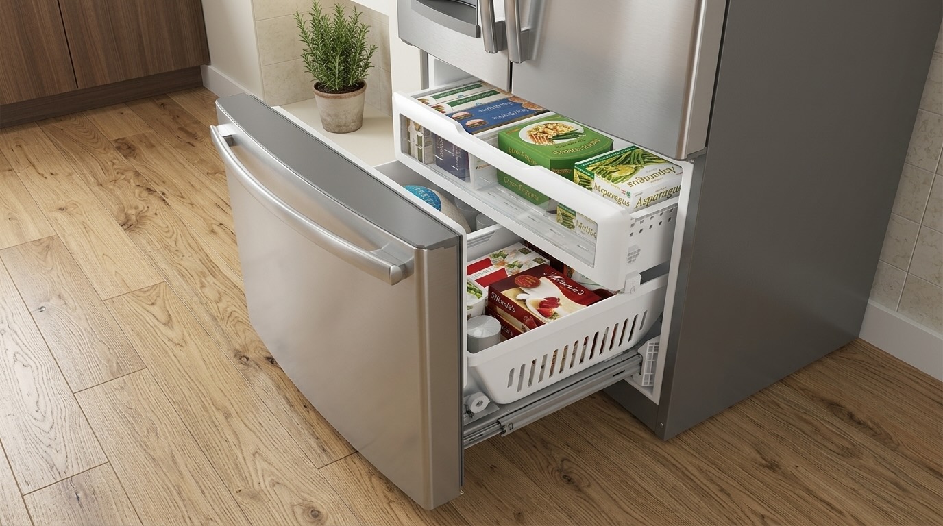 Open bottom freezer drawer of GE GFE28GYNFS refrigerator with storage baskets, food items, and turkey in basket, potential area for evaporator fan noise issues