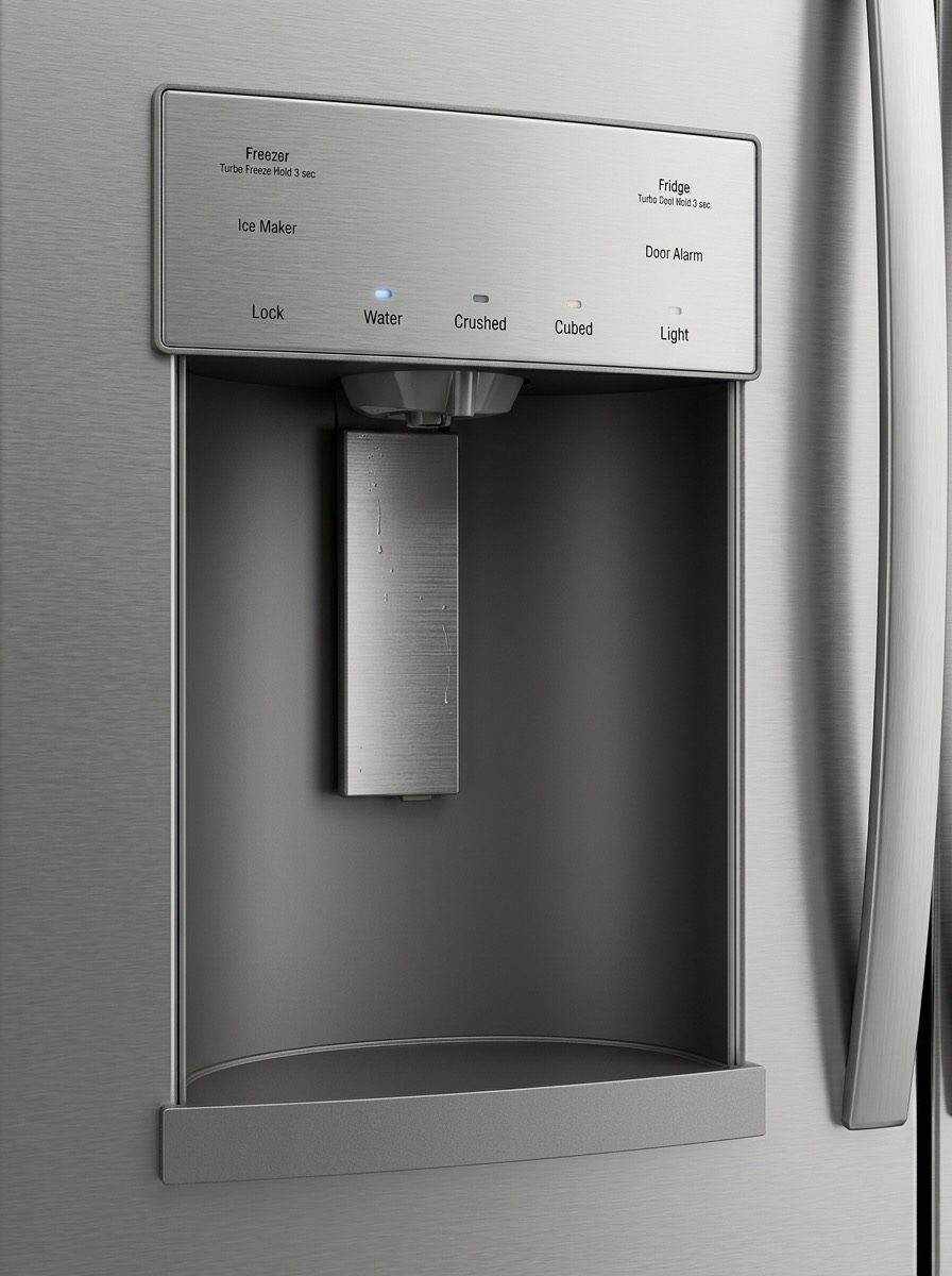 Close-up of GE GFE28GYNFS refrigerator external dispenser panel showing ice maker, water, crushed, cubed options and Turbo settings, common area for water inlet valve buzzing issues