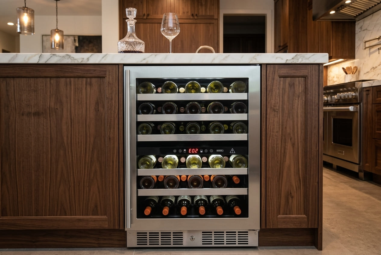 Marvel wine cooler MRWD224SG31A showing E02 error on the Intuit Controls panel indicating upper compartment open circuit sensor fault in Atlanta